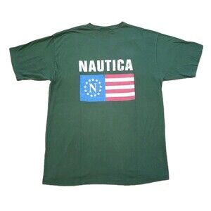 Vintage 90s Nautica Great Point Flag Size XL USA Made Mens Green 2 Sided T-Shirt